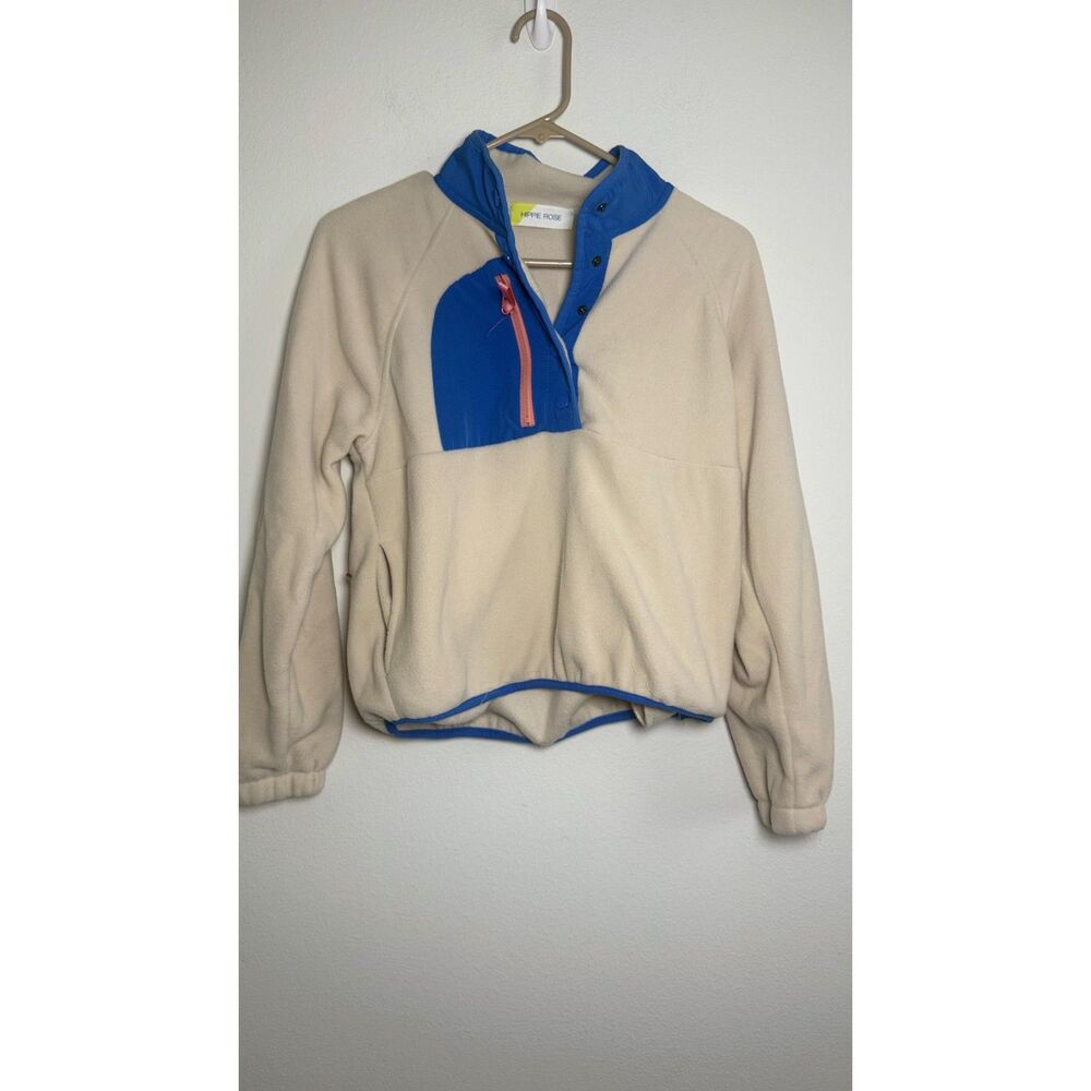 Hippie Rose Women’s Small Colorblock Fleece Pullover Beige Blue Snap Neck